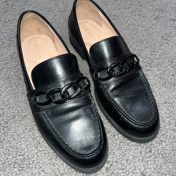 COLE HAAN Stassi Chain Loafers in Black Princess - Leather - EUC -Women's Size 7 - Picture 1 of 9